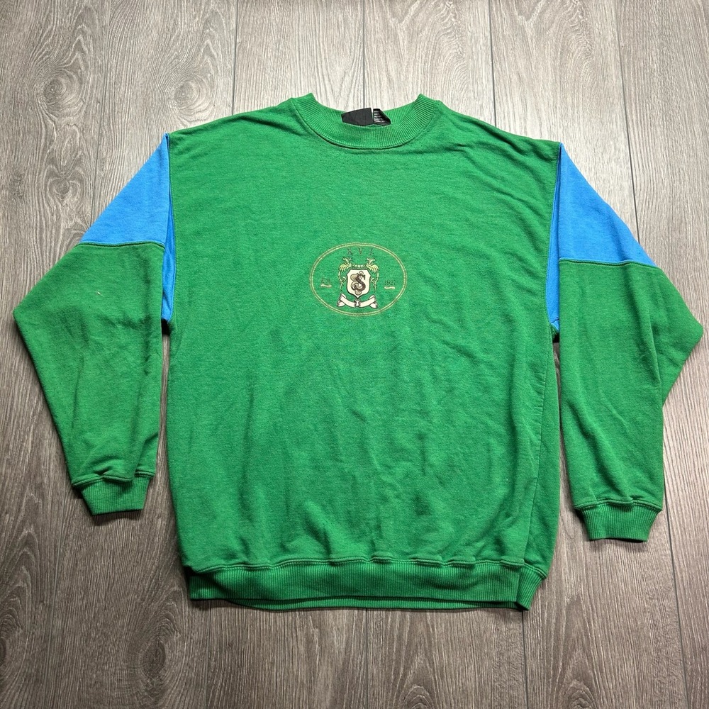 Vintage Van Cort Mens XL Green Colorblock Crest Graphic Sweatshirt 90s Retro